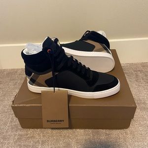High Top Leather, Suede and House Check Sneakers